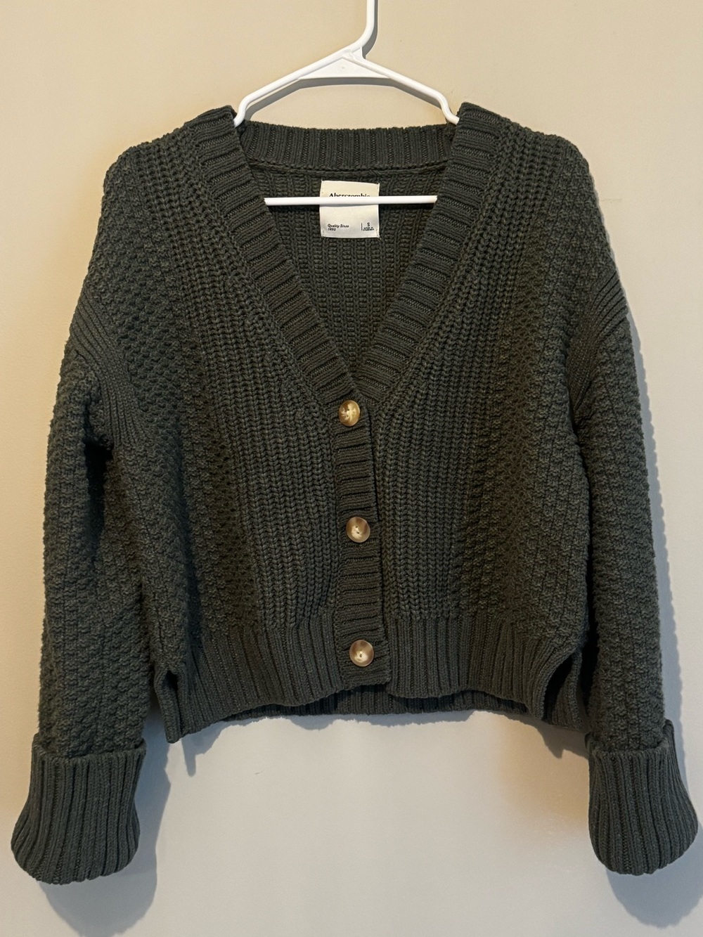 Abercrombie & Fitch Dark Olive green Cropped V-Neck Button Cardigan